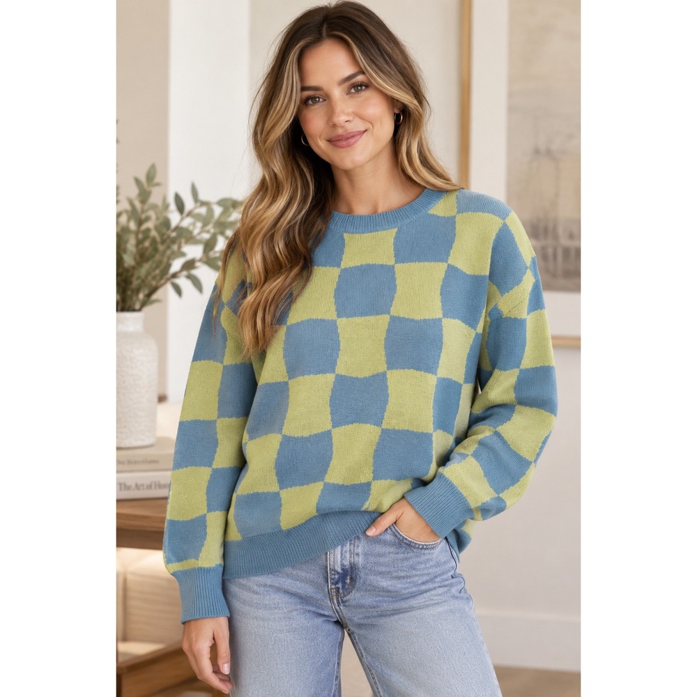 LE LIS Sweater Womens M Blue Green Checkerboard Retro Funky Fuzzy Knit
